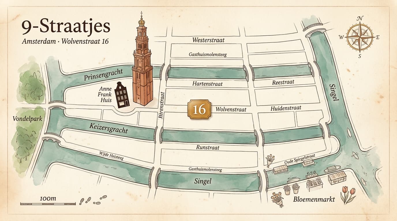 Illustrated luxury map of 9-Straatjes Amsterdam, with Wolvenstraat 16 as the centre, hand-drawn editorial style